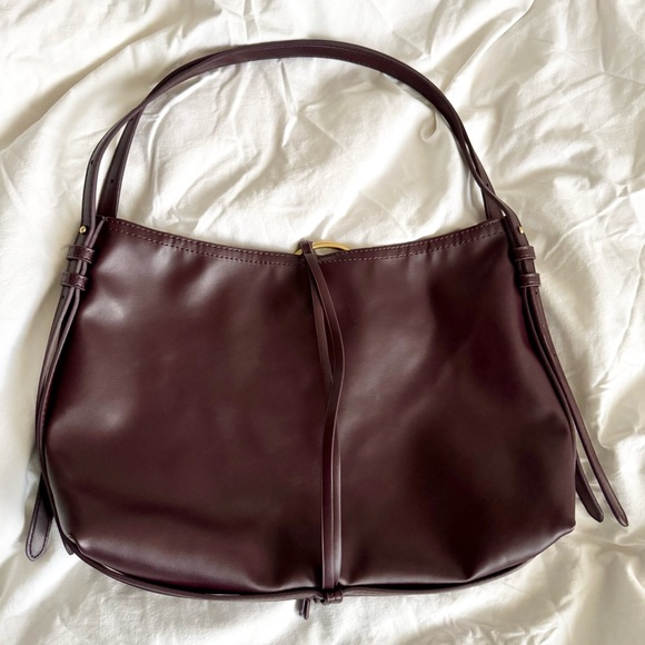 New ZARA Burgundy Metal Ring Detail Shoulder Bucket Hobo Bag Faux Leather Purse - Picture 5 of 5